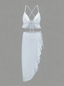 SHEIN Swim Knot Front Hem Trimmed Cami Top And Skirt Cover Up Set Summer - White - View 1