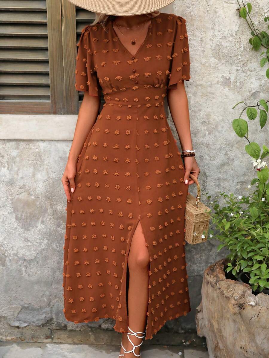EMERY ROSE Women's Off-The-Shoulder Short Sleeve Split Hem Dress - Burnt Orange - View 1