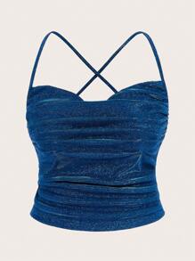 SHEIN CURVE+ Plus Size Sparkly Drape Neck Camisole Top - Blue - View 1