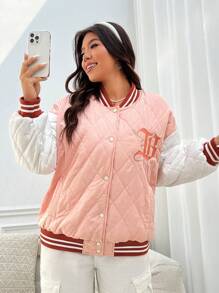 SHEIN EZwear Plus Size Color Block Padded Coat With Letter Embroidery - Pink - View 4