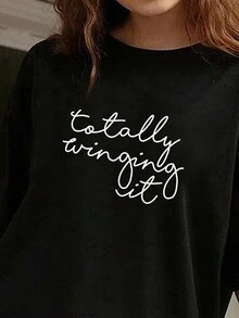 INAWLY Women's Black Loose T-Shirt With Slogan Print - Black - View 3