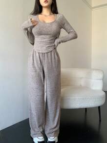 DAZY 女士长袖修身T恤和抽绳长裤套装，秋冬家居服两件套