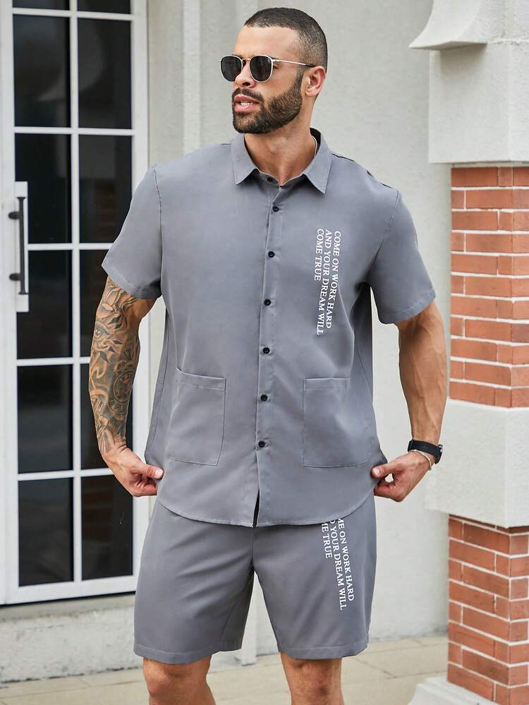 Men'S Plus Size Slogan Printed Shirt And Shorts Set