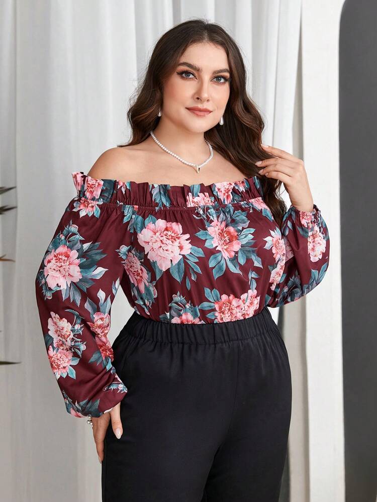 Plus Size Floral Printed Off Shoulder Blouse
