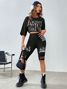 SHEIN ICON Bikercore女款針織花卉圖案高腰修身短褲襪 - 黑色 - 查看 6