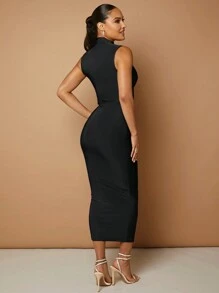 SHEIN BAE 女士立領褶皺修身無袖連衣裙 - 黑色 - 查看 2