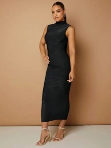SHEIN BAE 女士立領褶皺修身無袖連衣裙 - 黑色 - 查看 6