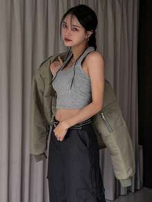 DAZY 女士肋紋針織綁頸上衣 - 灰色 - 查看 3