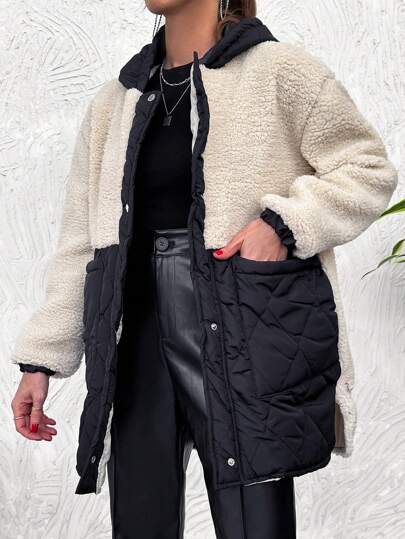 EURMUSE Two Tone Dual Pocket Drop Shoulder Hooded Winter Coat