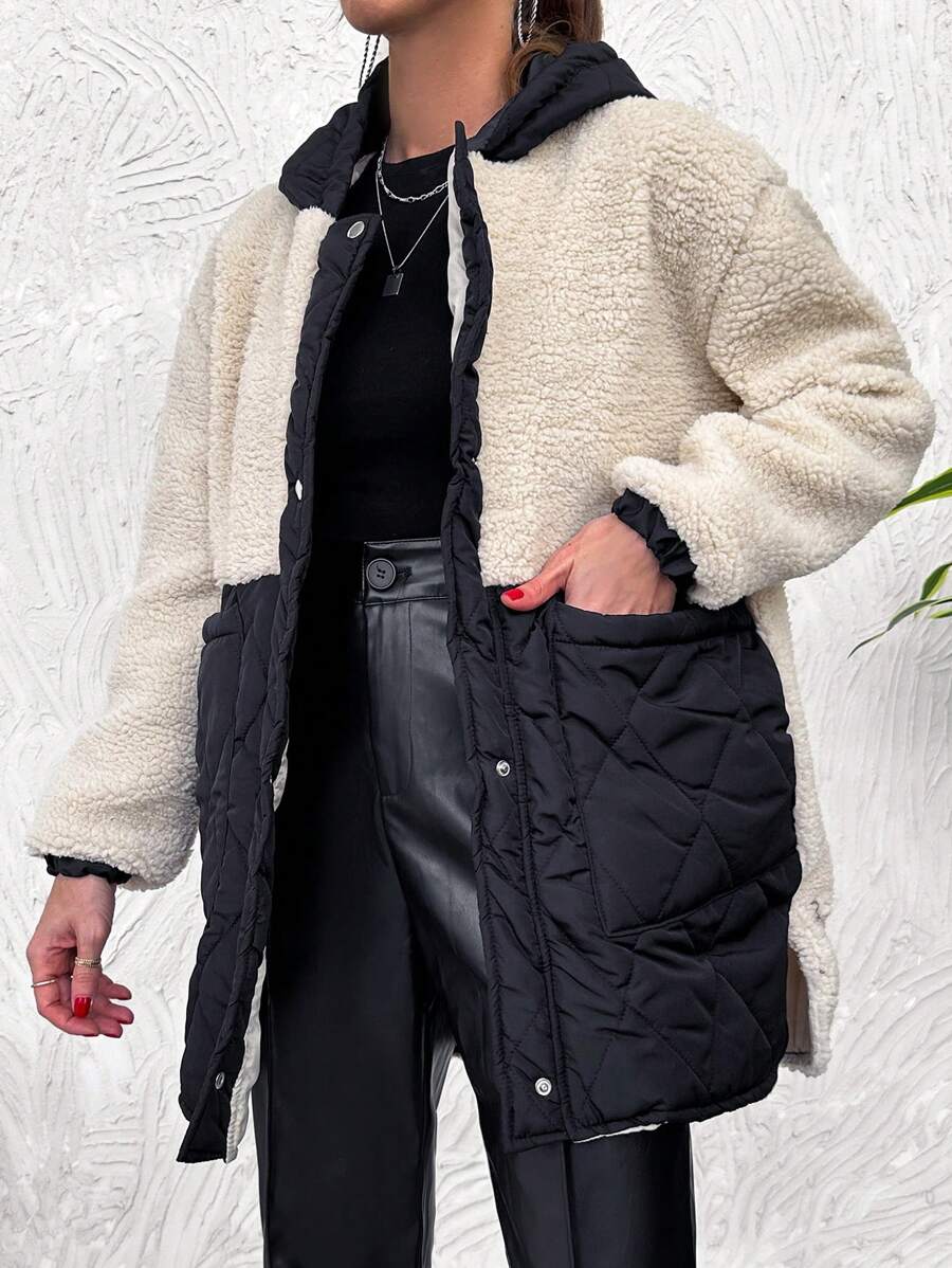 EURMUSE Two Tone Dual Pocket Drop Shoulder Hooded Winter Coat - Beige - View 1