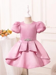 SHEIN Robe De Fille Satinée À Manches Courtes Et Bouffantes Avec Un Col Rond Pour La Saison Des Mariages - Vieux Rose - Voir 1