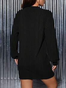 SHEIN PETITE 女式落肩長袖肋紋修身連衣裙 - 黑色 - 查看 2