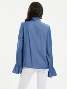 GENKIRA Women'S Long Sleeve Shirt With Ruffle Hem Fall Cloth For Women - Medium Wash - View 2