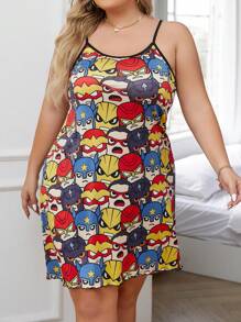 Vestido de dormir tipo pijama con estampado de personajes de caricatura para mujeres de talla grande - Multicolor - Ver 4