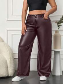 SHEIN Cottnline Women's Plus Size Solid Color High Waist Wide-Leg Jeans With Slanted Pockets - Burgundy - View 1