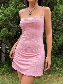 SHEIN EZwear Women's Cowl Collar Mesh & Velvet Cami Dress - Pink - View 4