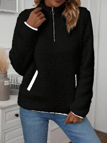 SHEIN LUNE 撞色飾邊毛絨運動衫 - 黑色 - 查看 4