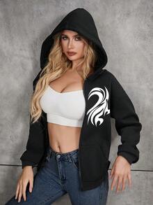 SHEIN EZwear 女士心形印花拉鍊連帽運動衣帶拉鍊 - 黑色 - 查看 4