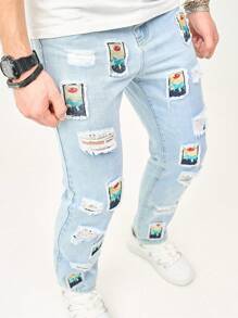Manfinity Homme Gedruckte Männer Zerrissene Straight Leg Jeans - Blau - Übersicht 8