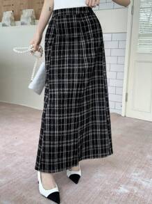 DAZY Chân váy maxi kẻ caro thường ngày dành cho nữ - màu đen - Xem 4