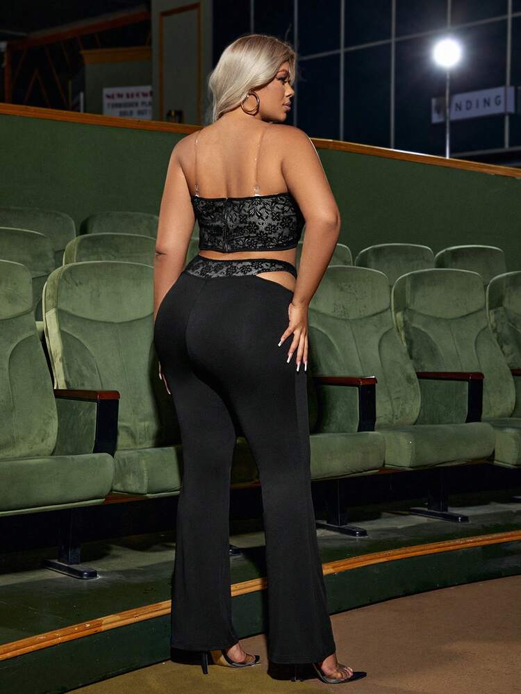 Plus Size Lace Crop Top And Hollow Out Spliced Pants Set