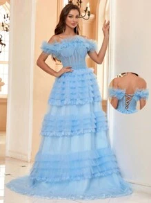 SHEIN Belle 荷葉邊下擺和蕾絲細節露肩網狀多層蛋糕女式晚禮服（重型款式） - 藍色 - 查看 7