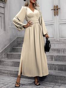 SHEIN Clasi 女士纯色灯笼袖侧开衩长裙女装