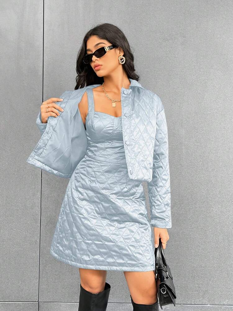 Button Up Quilted Jacket And Cami Dress 2pcs/Set
