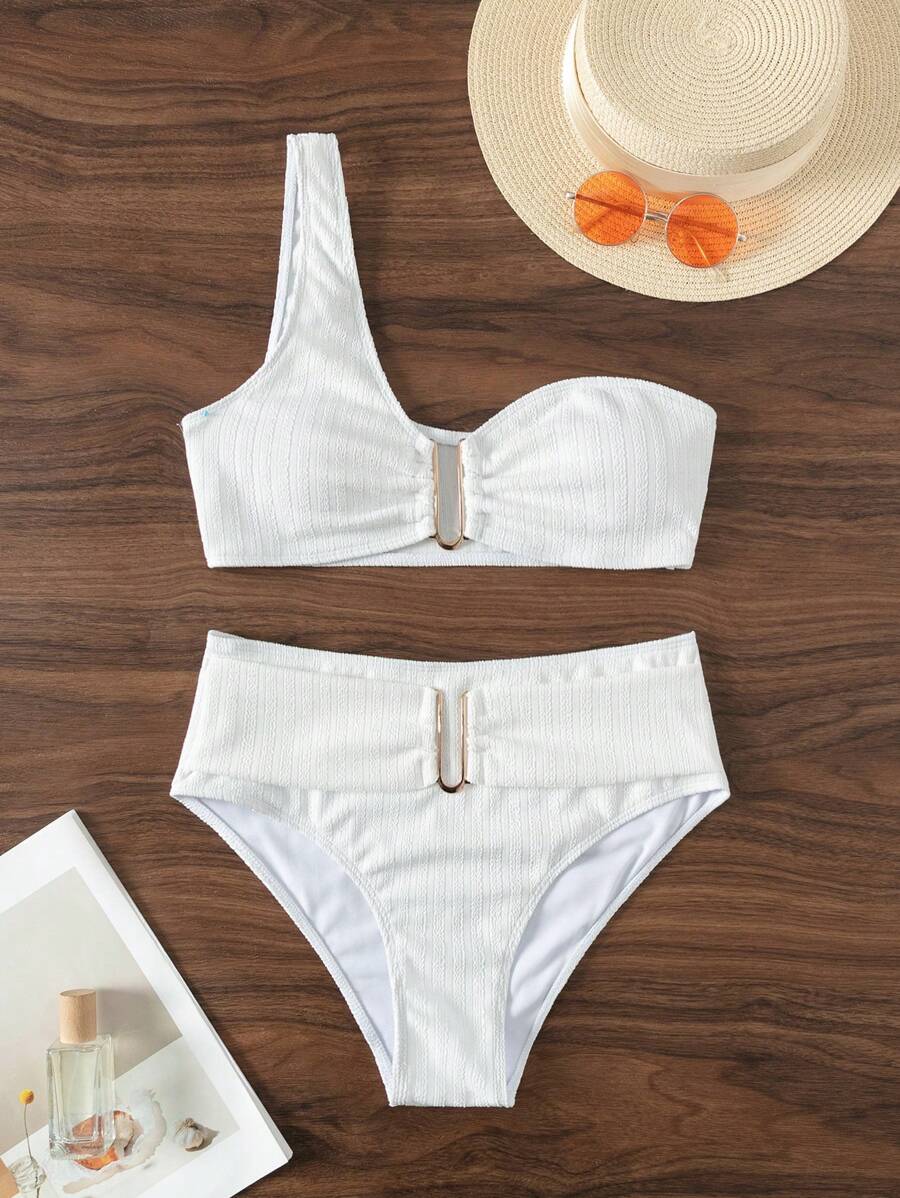 SHEIN Swim 夏季海灘單肩高腰比基尼套裝 - 白色 - 查看 1