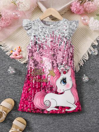 SHEIN Young Girl Sparkly Printed Unicorn Dress