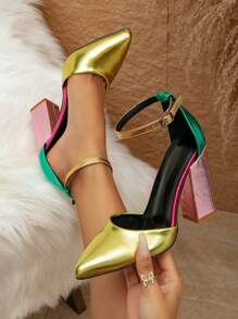 女士時尚尖頭露趾多彩高跟鞋，適用於戶外派對 - 彩色 - 查看 1