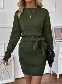 SHEIN LUNE 2入組純色休閒毛衣套裝 - 軍綠色 - 查看 1