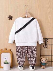 Baby Boys' Round Neck Long Sleeve Sweatshirt And Geometric Printed Pants With Bag Set - Brown - View 2
