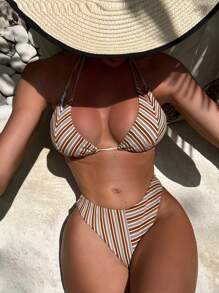 SHEIN Swim Striped Triangle Cup Halter Neck Bikini Set Wedding Summer Beach