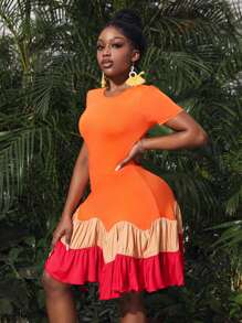 Slaydiva Vacation Date High Stretch Round Neck Music Festival Elegant Casual Short Sleeve Resort Style Multi-Color Color Block Pleated Design Stitching Slim Women's Dress