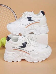 女性時尚舒適透氣運動鞋，帶鞋帶和拼接設計，厚底運動鞋 - 黑色 - 查看 1