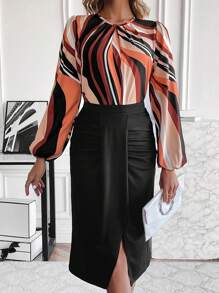 SHEIN Clasi Printed Lantern Sleeve Shirt And Skirt Set