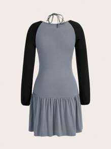 SHEINNeu Vestido Halter Con Manga Larga Tipo Raglán, Bloques De Color, Dobladillo Con Volantes Y Cuello Halter - Multicolor - Ver 2