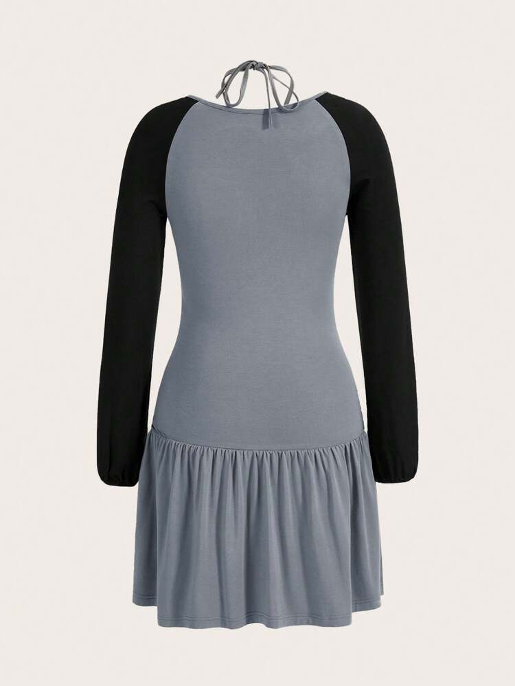 Color Block Raglan Sleeve Long Sleeve Ruffle Hem Halter Neck Dress