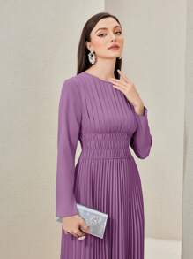 Modelyn Vestido Largo Plisado Con Cintura Fruncida, Espalda Con Cerradura - Púrpura polvoriento - Ver 3
