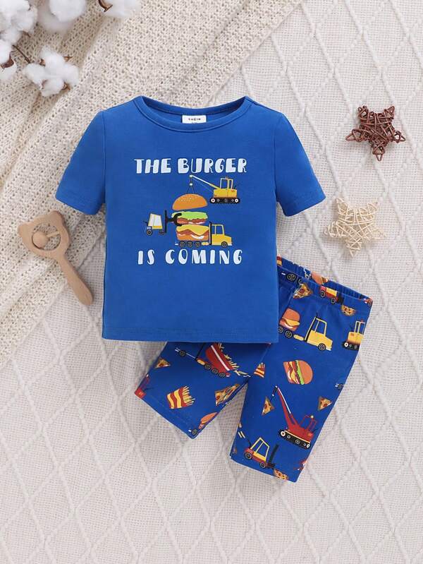 SHEIN Traje Casual De Verão Para Bebê Menino, Camiseta De Manga Curta Com Estampa Divertida De Carro, Hambúrguer E Letras E Shorts