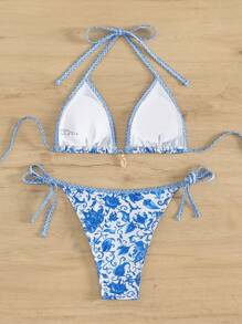 Swim Vcay Summer Beach Flower Print Two-Piece Bikini Set Carnival - Blue and White - View 7