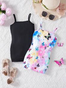 SHEIN 幼兒女童染色蝴蝶和口號印花背心裙套裝 - 彩色 - 查看 2