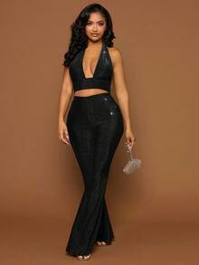 SHEIN SXY Conjunto de top halter con escote profundo en V y espalda descubierta, talla grande pantalones acampanados - Negro - Ver 5