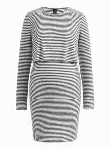 SHEIN Vestido A Rayas Para Lactancia De Manga Larga Para Maternidad - Blanco y Negro - Ver 11