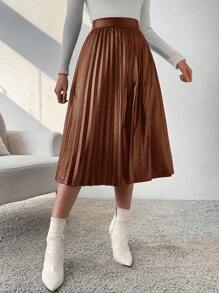 SHEIN Privé 高腰百褶裙 - 棕色 - 查看 5