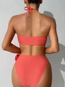 SHEIN Swim 夏季海滩女士吊带比基尼套装，带 3d 花朵装饰 - 西瓜粉 - 查看 2