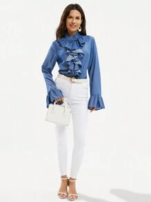 GENKIRA Women'S Long Sleeve Shirt With Ruffle Hem Fall Cloth For Women - Medium Wash - View 3