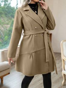 SHEIN LUNE Plus Size Overcoat With Turn-Down Collar And Waist Belt - Khaki - View 7