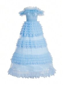 SHEIN Belle 荷葉邊下擺和蕾絲細節露肩網狀多層蛋糕女式晚禮服（重型款式） - 藍色 - 查看 9